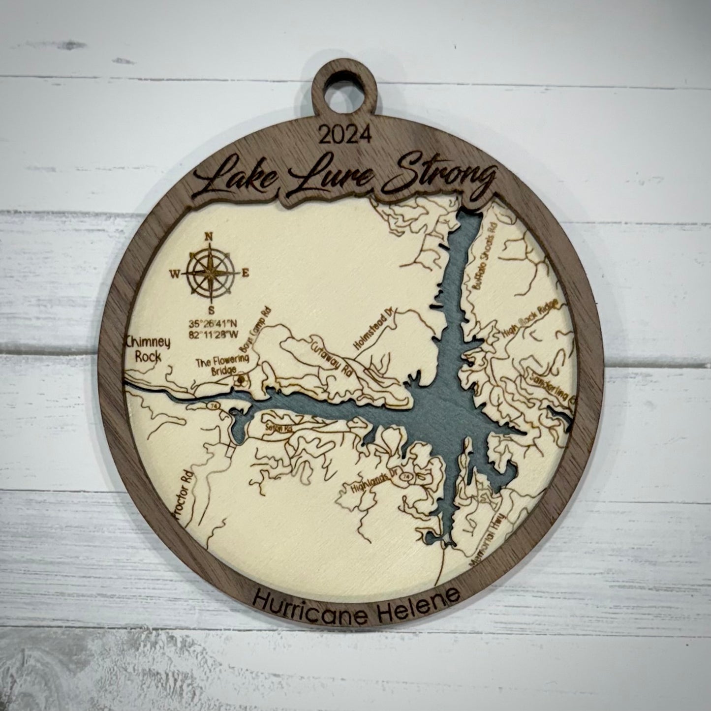 "Lake Lure Strong" a 3-Layer Wooden Map Ornament (5")