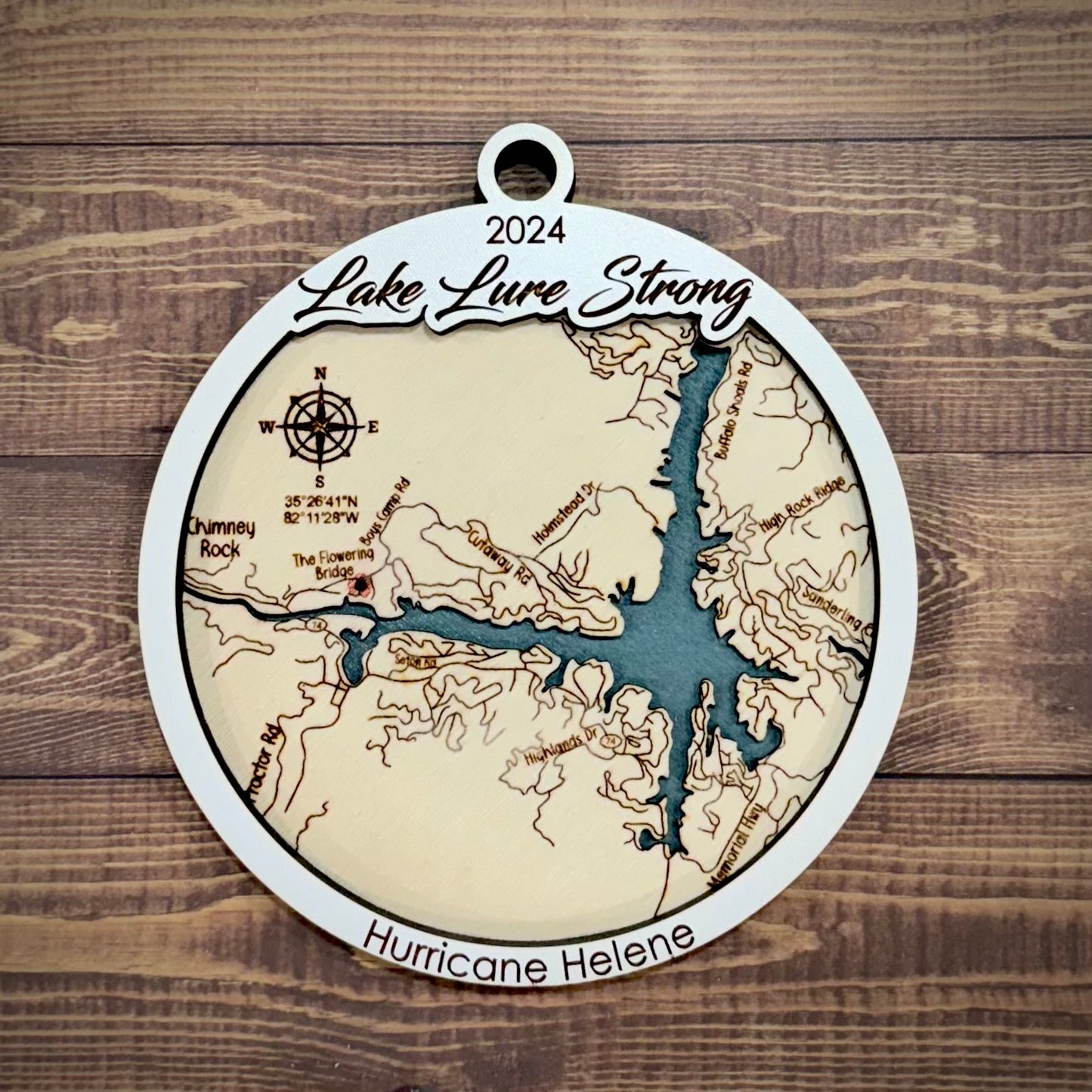 "Lake Lure Strong" a 3-Layer Wooden Map Ornament (5")